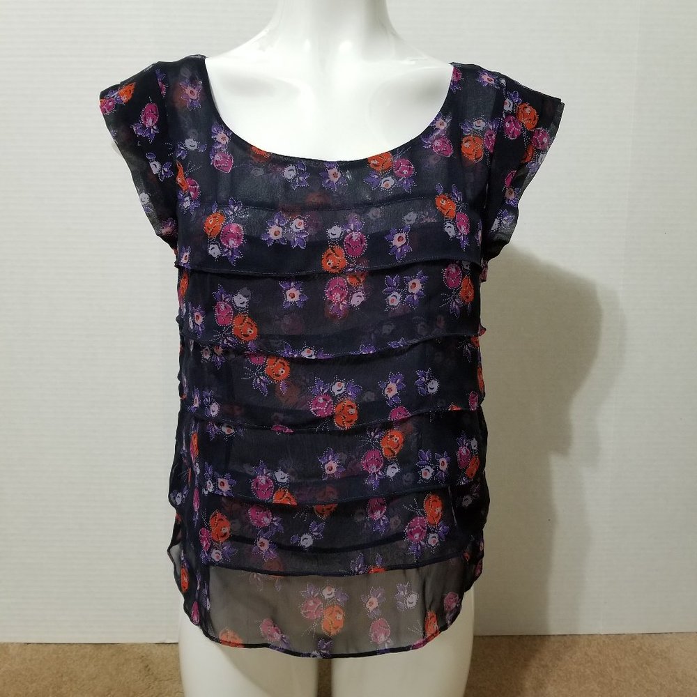 American Eagle top Medium floral semi sheer tiered